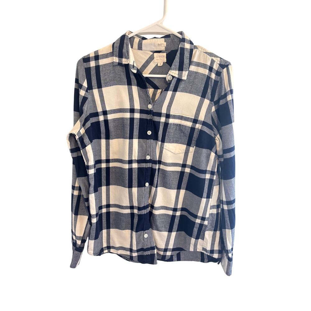 J Crew Boy Fit Plaid Flannel Shirt Navy Cream Long Sleeve Cotton Womens Small